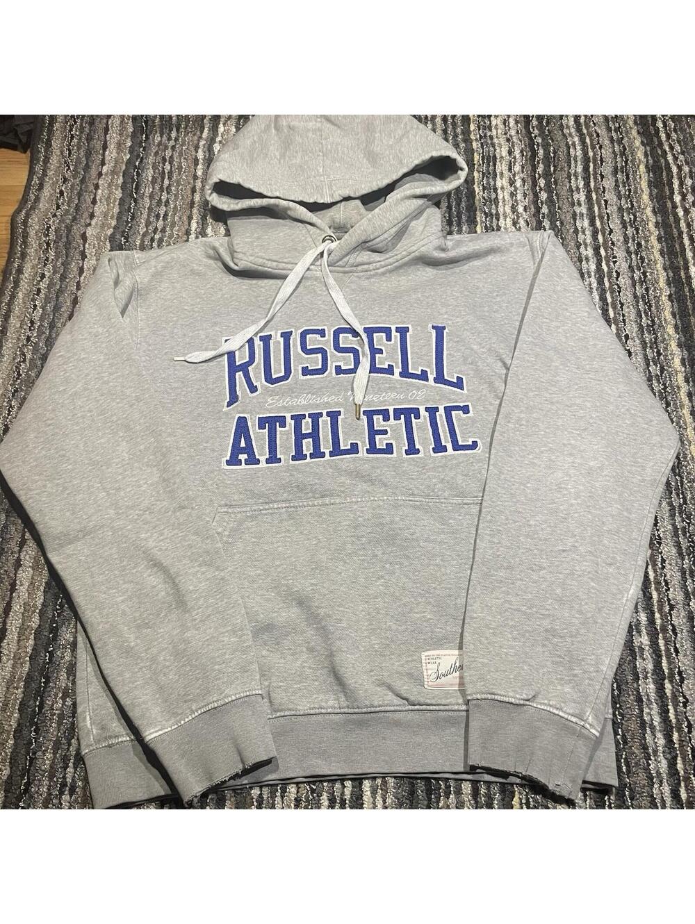 Vintage Russell Athletic Hoodie Medium Gray Spell Out Logo Sweatshirt Y2K *READ*